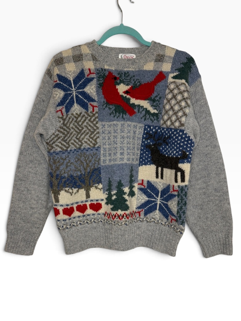 Orvis Winter Intarsia Gray Wool Cardinal Birds Moose Snowflakes Sweater Medium